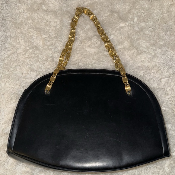 Vintage Handbags - Vintage black leather Crown Lewis purse bag w/ gold chain